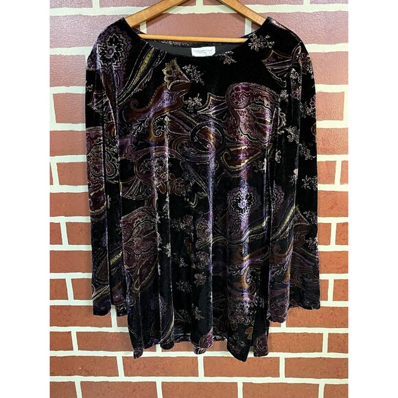 Coldwater Creek Purple Abstract Velvet Long Bell Sleeve Blouse Size XL Goth Chic - Picture 1 of 6